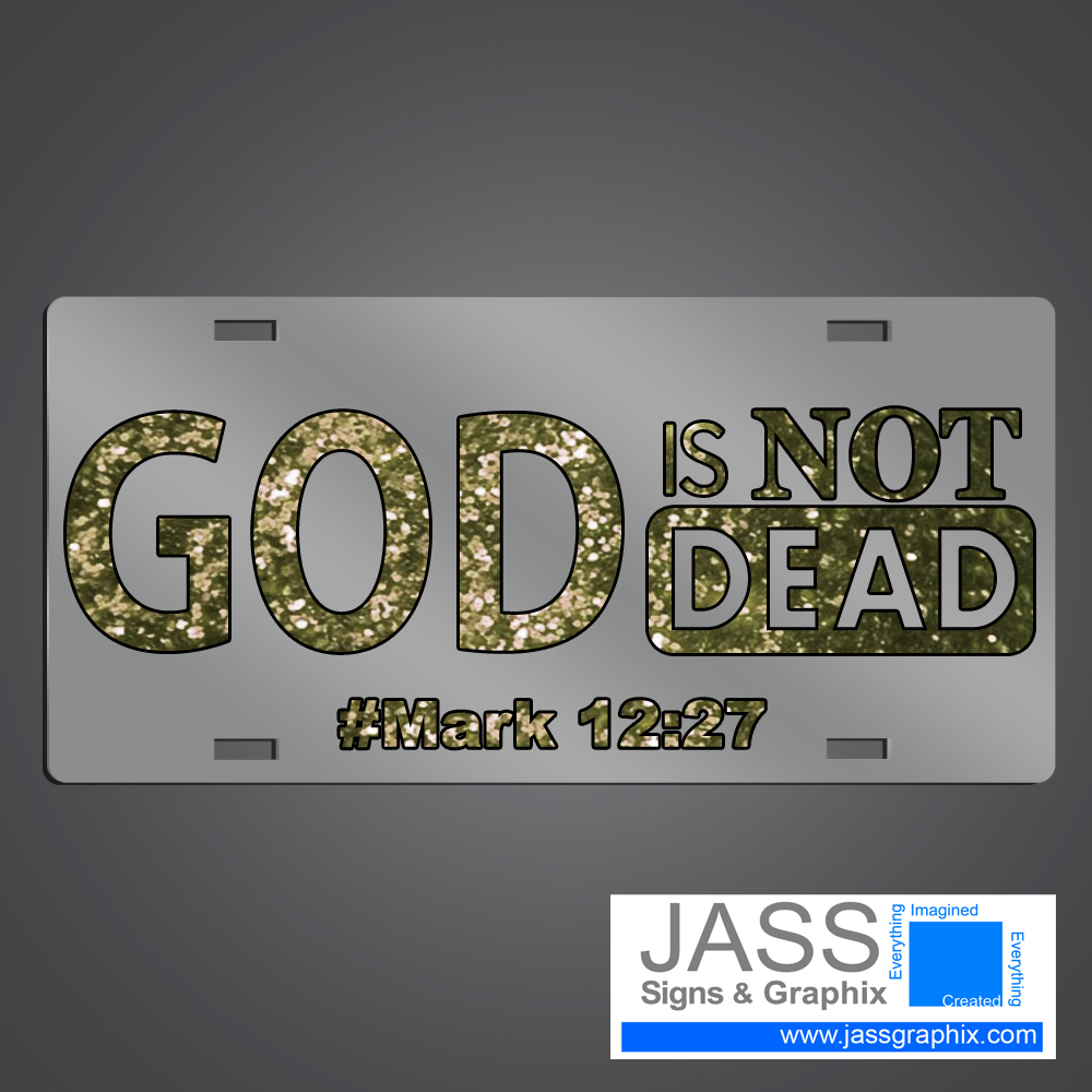 god is not dead license plate sparkly gold metallic